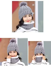 Dressify? Winter Soft Warm 1 Set Snow Proof Ball Cap (Inside Fur) Woolen Beanie Cap with Scarf for Women Girl Ladies Grey Color-thumb2