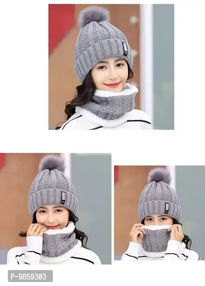 Dressify? Winter Soft Warm 1 Set Snow Proof Ball Cap (Inside Fur) Woolen Beanie Cap with Scarf for Women Girl Ladies Grey Color-thumb3