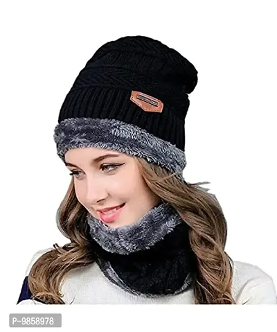 Dressify? Winter Hat Scarf Set Women Plush Velvet Thick Women Face Caps Hood Men Outdoor Ear Protection Neck Warmer Scarf Knitted Hat Black Color-thumb0
