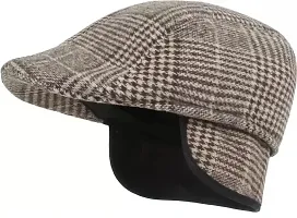 Dressify? Unisex Autumn and Winter Plaid Cap Brushed Fabric Warm Beret Couple hat, Winter hat, Flat Glof Cap with Ear Flap, Newboys Cap Brown Color-thumb3