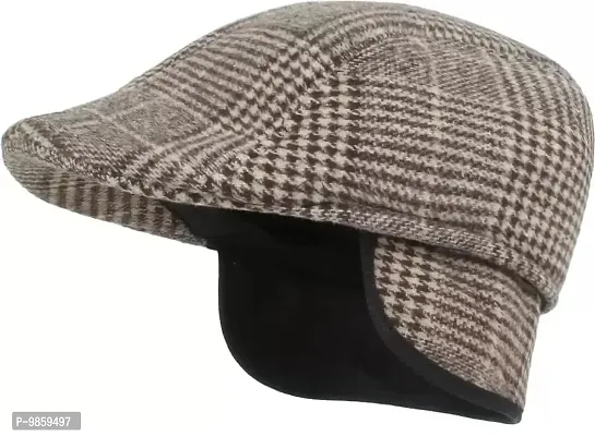 Dressify? Unisex Autumn and Winter Plaid Cap Brushed Fabric Warm Beret Couple hat, Winter hat, Flat Glof Cap with Ear Flap, Newboys Cap Brown Color-thumb4