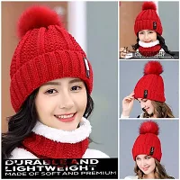 Dressify? Winter Soft Warm Snow Proof Pom Pom Cap (Inside Fur) Woolen Beanie Cap with Scarf for Women's & Girl's (Freesize)-Red Color-thumb1