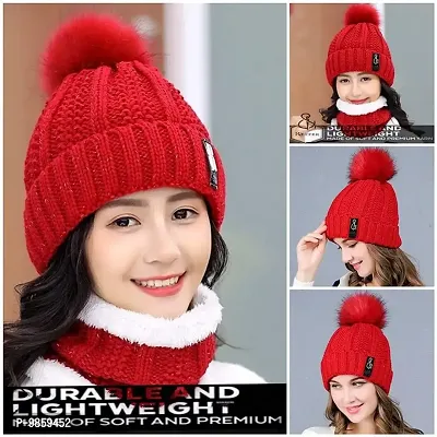 Dressify? Winter Soft Warm Snow Proof Pom Pom Cap (Inside Fur) Woolen Beanie Cap with Scarf for Women's & Girl's (Freesize)-Red Color-thumb2