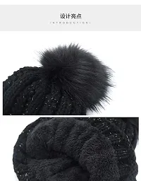 Dressify? Winter Soft Warm 1 Set Snow Proof Ball Cap (Inside Fur) Woolen Beanie Cap with Scarf for Women Girl Ladies Black Color-thumb2