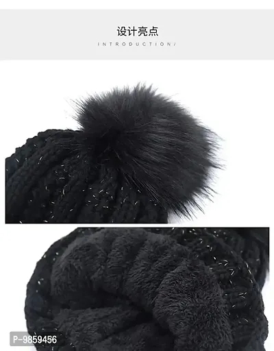 Dressify? Winter Soft Warm 1 Set Snow Proof Ball Cap (Inside Fur) Woolen Beanie Cap with Scarf for Women Girl Ladies Black Color-thumb3