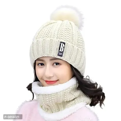 Dressify? Winter Soft Warm Snow Proof Pom Pom Cap (Inside Fur) Woolen Beanie Cap with Scarf for Women's & Girl's (Freesize)-Beige Color-thumb0