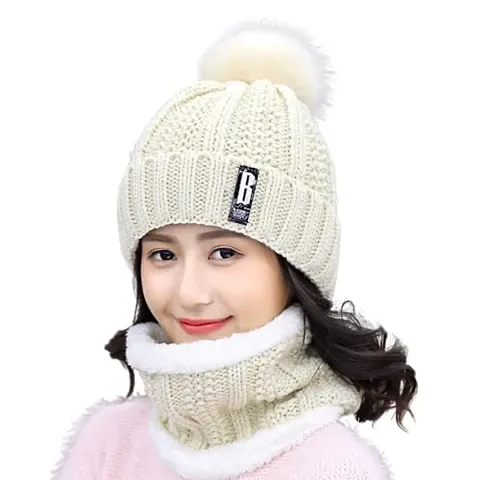 Dressify? Winter Soft Warm Snow Proof Pom Pom Cap (Inside Fur) Woolen Beanie Cap with Scarf for Women's & Girl's (Freesize)