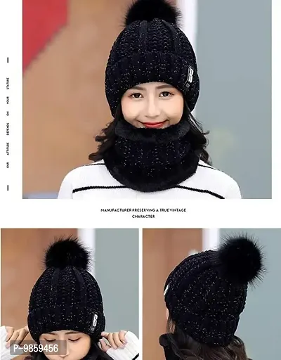 Dressify? Winter Soft Warm 1 Set Snow Proof Ball Cap (Inside Fur) Woolen Beanie Cap with Scarf for Women Girl Ladies Black Color-thumb2
