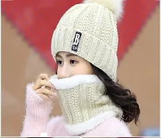 Dressify? Winter Soft Warm Snow Proof Pom Pom Cap (Inside Fur) Woolen Beanie Cap with Scarf for Women's & Girl's (Freesize)-Beige Color-thumb2