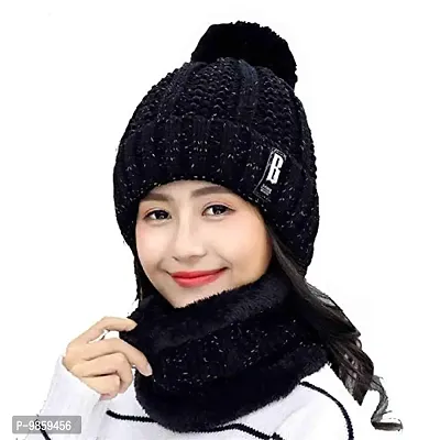 Dressify? Winter Soft Warm 1 Set Snow Proof Ball Cap (Inside Fur) Woolen Beanie Cap with Scarf for Women Girl Ladies Black Color