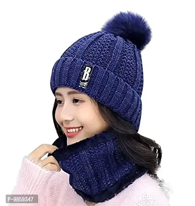 Dressify? Winter Soft Warm 1 Set Snow Proof Ball Cap (Inside Fur) Woolen Beanie Cap with Scarf for Women Girl Ladies Blue Color