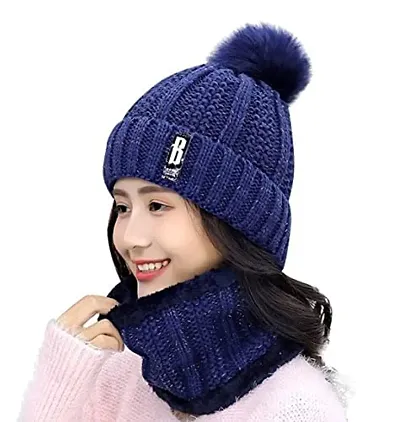 Dressify? Winter Soft Warm 1 Set Snow Proof Ball Cap (Inside Fur) Woolen Beanie Cap with Scarf for Women Girl Ladies Color