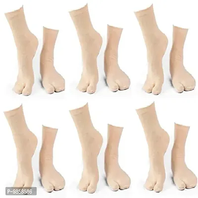 New Vastra Lok Calf Length Toe Socks for Women, Beige/Skin Colour Thumb Socks, Combo Pack of 6 Pair