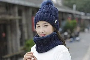 Dressify? Winter Soft Warm 1 Set Snow Proof Ball Cap (Inside Fur) Woolen Beanie Cap with Scarf for Women Girl Ladies Blue Color-thumb2