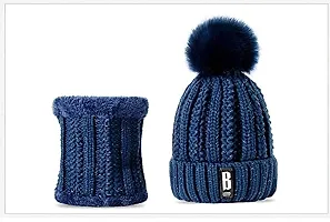 Dressify? Winter Soft Warm 1 Set Snow Proof Ball Cap (Inside Fur) Woolen Beanie Cap with Scarf for Women Girl Ladies Blue Color-thumb4