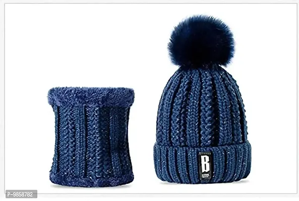 Dressify? Winter Soft Warm 1 Set Snow Proof Ball Cap (Inside Fur) Woolen Beanie Cap with Scarf for Women Girl Ladies Blue Color-thumb5