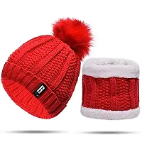 Dressify? Winter Soft Warm Snow Proof Pom Pom Cap (Inside Fur) Woolen Beanie Cap with Scarf for Women's & Girl's (Freesize)-Red Color-thumb3