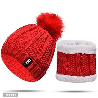 Dressify? Winter Soft Warm Snow Proof Pom Pom Cap (Inside Fur) Woolen Beanie Cap with Scarf for Women's & Girl's (Freesize)-Red Color-thumb4