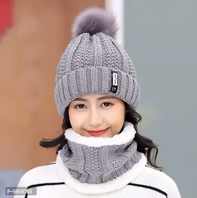 Dressify? Winter Soft Warm 1 Set Snow Proof Ball Cap (Inside Fur) Woolen Beanie Cap with Scarf for Women Girl Ladies Grey Color-thumb4