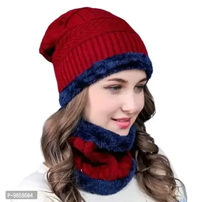 New Vastra Lok Unisex Ultra Soft Woollen Cap Bandhan and Neck Scarf Set Warm, Snow Proof (Red, Free Size)-thumb0