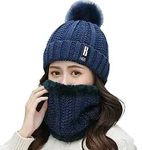 Dressify? Winter Soft Warm 1 Set Snow Proof Ball Cap (Inside Fur) Woolen Beanie Cap with Scarf for Women Girl Ladies Blue Color-thumb1