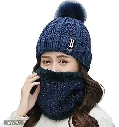 Dressify? Winter Soft Warm 1 Set Snow Proof Ball Cap (Inside Fur) Woolen Beanie Cap with Scarf for Women Girl Ladies Blue Color-thumb2