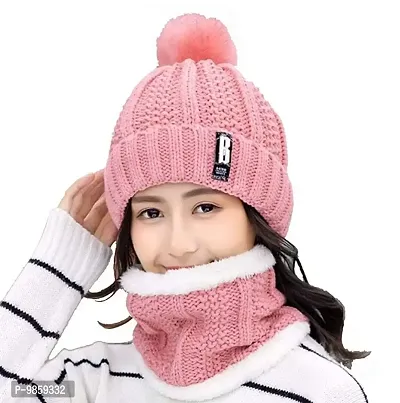 Dressify? Winter Soft Warm 1 Set Snow Proof Ball Cap (Inside Fur) Woolen Beanie Cap with Scarf for Women Girl Ladies Pink Color