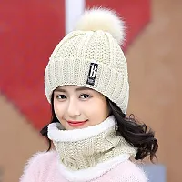 Dressify? Winter Soft Warm Snow Proof Pom Pom Cap (Inside Fur) Woolen Beanie Cap with Scarf for Women's & Girl's (Freesize)-Beige Color-thumb1
