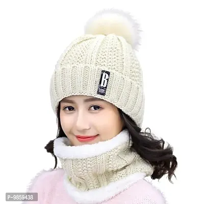 Dressify? Winter Soft Warm 1 Set Snow Proof Ball Cap (Inside Fur) Woolen Beanie Cap with Scarf for Women Girl Ladies Beige Color
