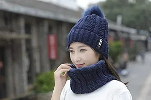 Dressify? Winter Soft Warm 1 Set Snow Proof Ball Cap (Inside Fur) Woolen Beanie Cap with Scarf for Women Girl Ladies Blue Color-thumb4