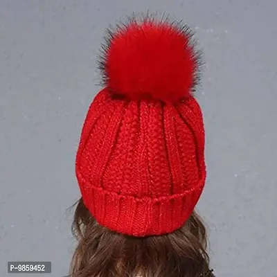 Dressify? Winter Soft Warm Snow Proof Pom Pom Cap (Inside Fur) Woolen Beanie Cap with Scarf for Women's & Girl's (Freesize)-Red Color-thumb3