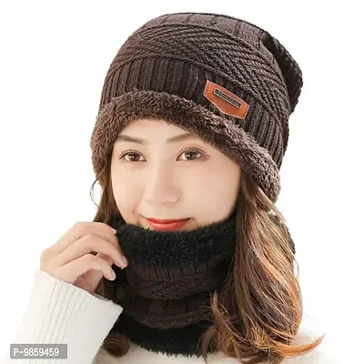 Dressify? Autumn and Winter Wool Hats/Cap Set for Men and Women Two-Piece Knitted Hats Scarf Plus Fleece Wool Hats Ear Protection Hats Brown Color