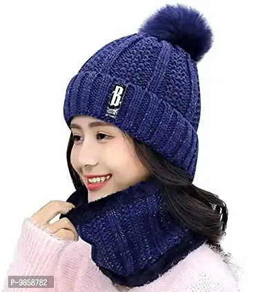 Dressify? Winter Soft Warm 1 Set Snow Proof Ball Cap (Inside Fur) Woolen Beanie Cap with Scarf for Women Girl Ladies Blue Color-thumb0