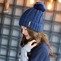 Dressify? Winter Soft Warm Snow Proof Pom Pom Cap (Inside Fur) Woolen Beanie Cap with Scarf for Women's & Girl's (Freesize)-Blue Color-thumb1