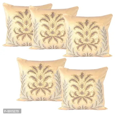 AJS Living Cushion Cover, Pillow for Home Office School Chair seat, Takiya of Antic Gold Bead & Thread Work Cushion Covers TC - 300, Set of 5, Size - 45 * 45 cm / 18 x 18 Inch-thumb0