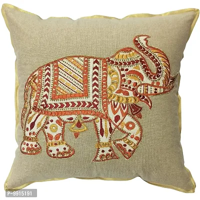 AJS Living Elephant Print Designer Decorative Ethnic Cushion Cover with Golden Tissue Piping for Sofa (16 x 16 inch, red and Other rajvada Colors)