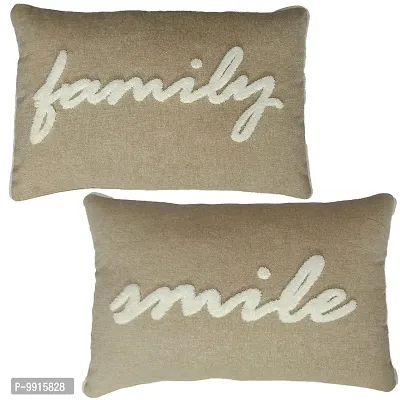 AJS Living Set of 2 Cushion Cover Combo of Family and Smile Written Love Gifts Cushion Covers only, Gift for Valentine Special Occasion Pillow, Takiya in Hand Work Oblong Cushions, Size 14 x 20 Inch