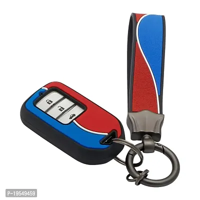 CARMATE Silicone Car Key Cover with Keychain for Honda City ( Red Blue-D09 )