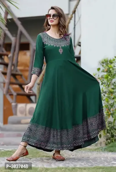 Stylish Green Printed Rayon A-Line Kurti-thumb0