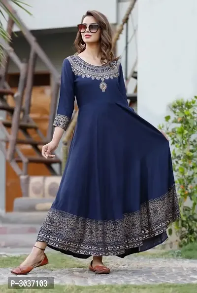 Navy Blue Printed Rayon A-Line Kurti-thumb0