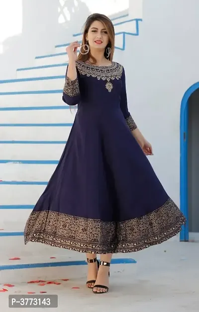 Elegant Navy Blue Rayon Gold Print Women Anarkali Kurti