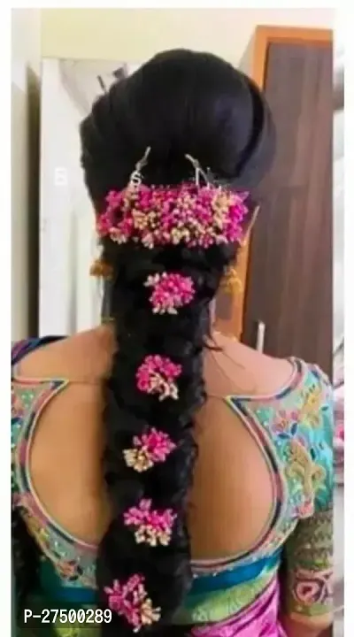 Designer Multicoloured Plastic Hair Veni Gajra Brooch Bridal Accessory Set For Women Pack Of 2