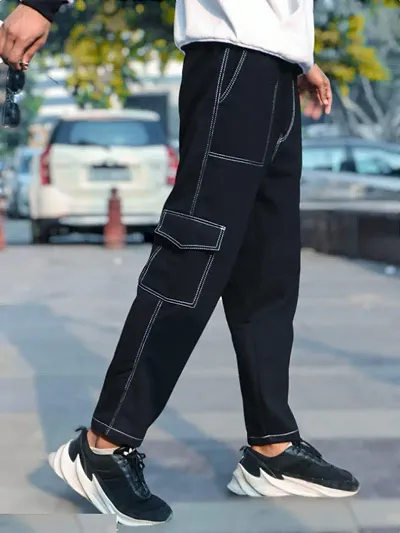 Stylish Black Denim Solid Baggy Jeans For Men