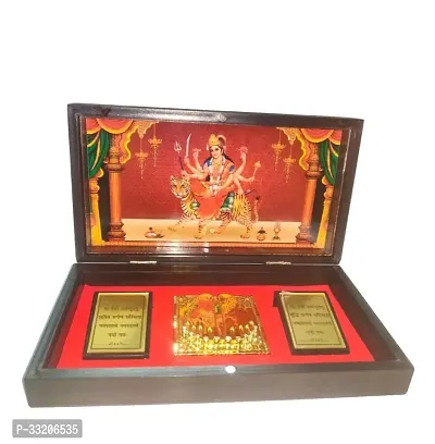 Gold Plated MATA Durga Ambe Maa Sherawali Photo Frame with Charan Paduka with Attar Fragrance for Corporate Office Showpiece