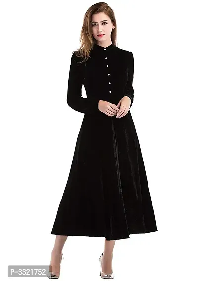 Stylish Women Black Buttoned Velvet Fit and Flare Dress-thumb0