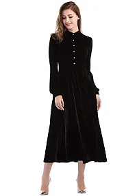 Stylish Women Black Buttoned Velvet Fit and Flare Dress-thumb3