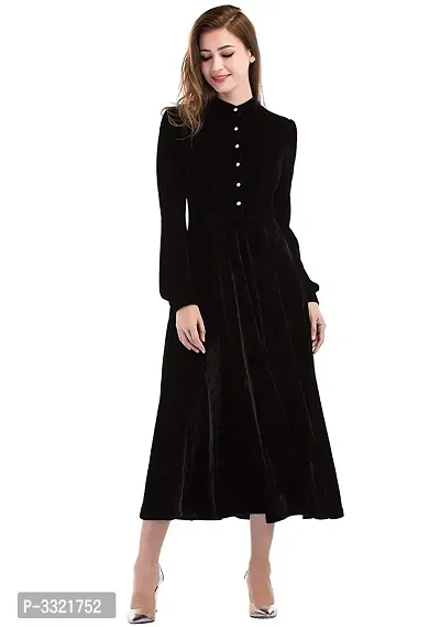 Stylish Women Black Buttoned Velvet Fit and Flare Dress-thumb4