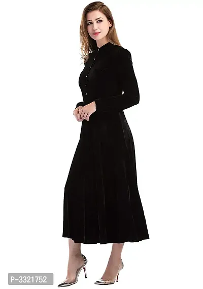 Stylish Women Black Buttoned Velvet Fit and Flare Dress-thumb2