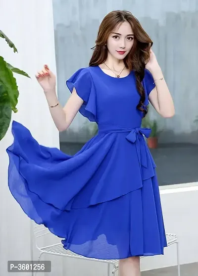 Women's Blue Georgette Solid knee Length Dress-thumb0