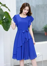 Women's Blue Georgette Solid knee Length Dress-thumb1